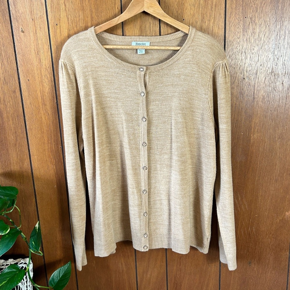 Hampshire Studio‎ Womens XL Camel Tan Heather Button Front Puff Sleeve Cardigan
